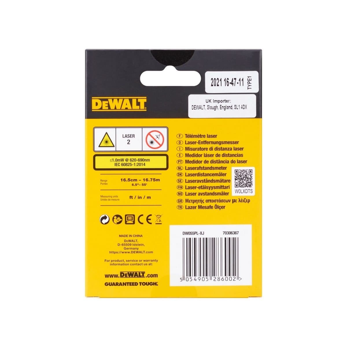 DEWALT เลเซอร์วัดระยะ 16 เมตร รุ่น DW055PL-XJ กำลังไฟฟ้า 3.7 โวลต์ ความแม่นยำ +/- 6 มม. ต่อ 10 เมตร (ดีวอลท์)
