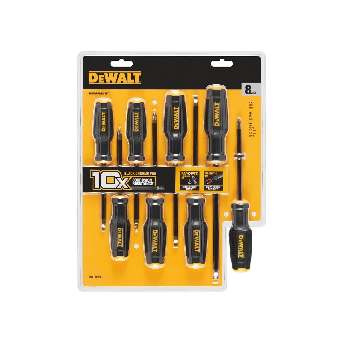 DEWALT ชุดไขควง MAXFIT (8 ชิ้น/ชุด) รุ่น DWHT65102 แกนทำจากโลหะ S2 เพิ่มความทนทานและไม่โค้งงอ (ดีวอลท์)