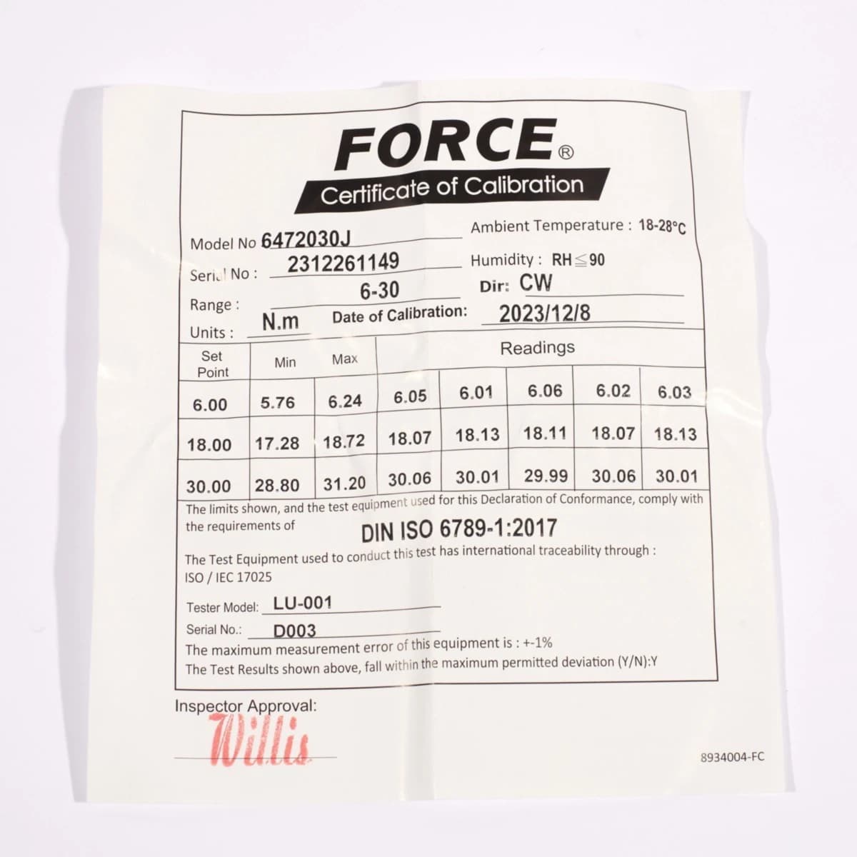 FORCE ประแจปอนด์ชนิดมีเสียง ขนาด 1/4 นิ้ว ยาว 1010 มม. รุ่น 6472030J แรงบิด 6-30 นิวตันเมตร ด้ามดำ มีใบรับรองการตั้งค่ามาในชุด (ฟอร์ซ)
