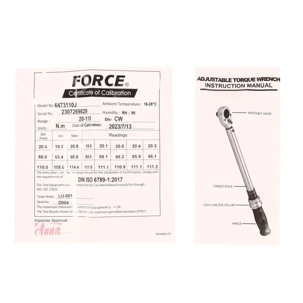 FORCE ประแจปอนด์ชนิดมีเสียง ขนาด 3/8 นิ้ว ยาว 1010 มม. รุ่น 6473110J แรงบิด 20-110 นิวตันเมตร ด้ามดำ มีใบรับรองการตั้งค่ามาในชุด (ฟอร์ซ)