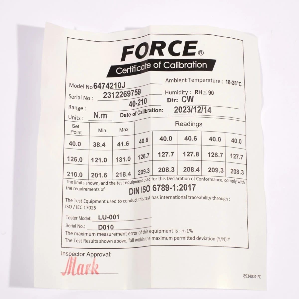 FORCE ประแจปอนด์ชนิดมีเสียง ขนาด 1/2 นิ้ว ยาว 1010 มม. รุ่น 6474210J แรงบิด 40-210 นิวตันเมตร ด้ามดำ มีใบรับรองการตั้งค่ามาในชุด (ฟอร์ซ)