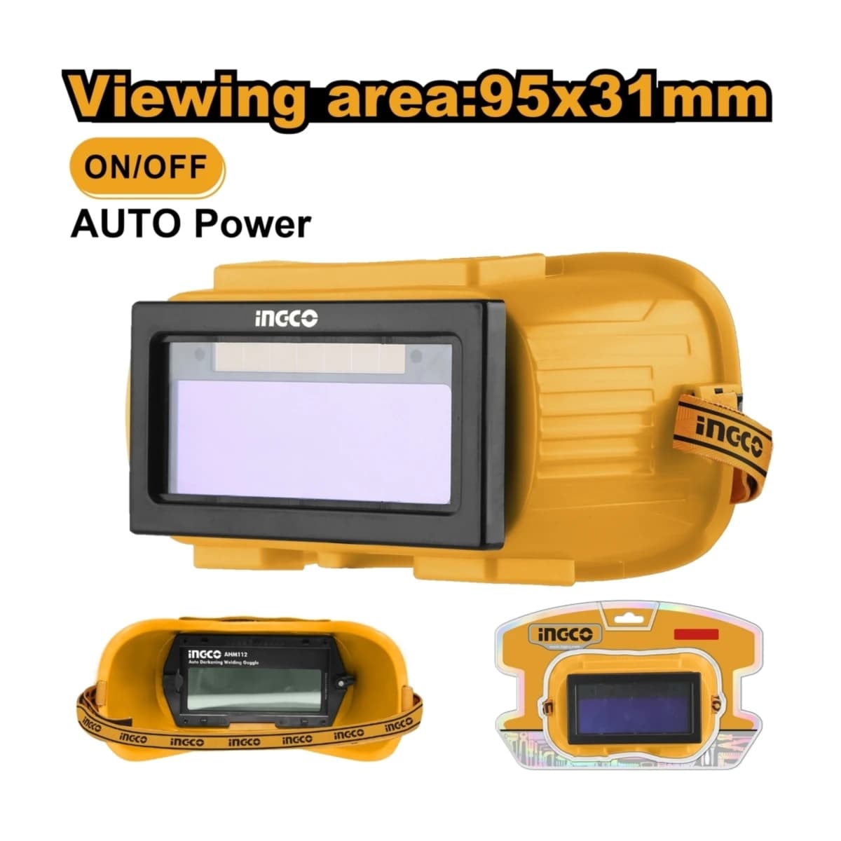 INGCO แว่นตาเชื่อมปรับแสงอัตโนมัติ รุ่น AHM112 พื้นที่มอง 95x31 มม, ป้องกัน UV/IR DlN 16 ความเร็วในการปรับแสง <0.5 มิลลิวินาที (อิงโก้)