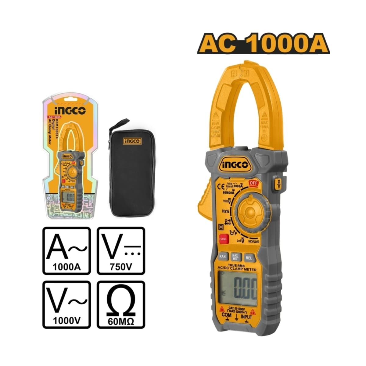 INGCO ดิจิตอลแคลมป์มิเตอร์ วัดกระแสไฟ AC 60A/600A/1000A รุ่น DCM100014 วัดแรงดันไฟฟ้า AC 750V. /DC 1000V. จอแสดงผล 6000 หลัก หน้าจอ Backligh
