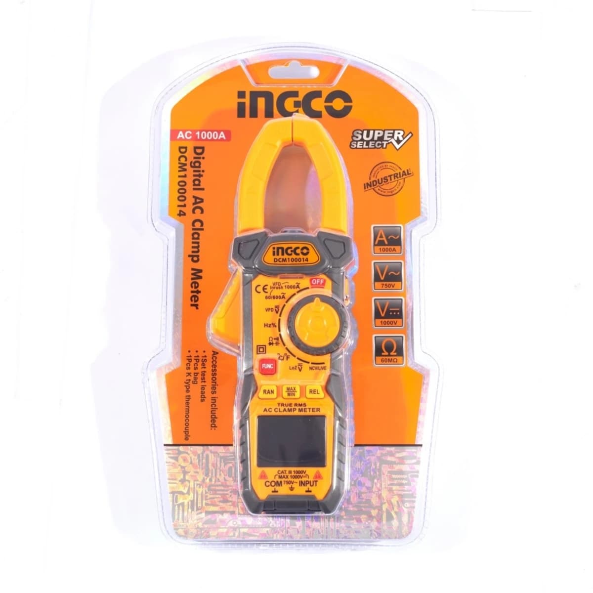 INGCO ดิจิตอลแคลมป์มิเตอร์ วัดกระแสไฟ AC 60A/600A/1000A รุ่น DCM100014 วัดแรงดันไฟฟ้า AC 750V. /DC 1000V. จอแสดงผล 6000 หลัก หน้าจอ Backligh