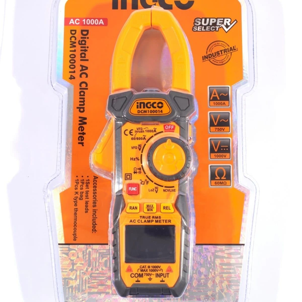 INGCO ดิจิตอลแคลมป์มิเตอร์ วัดกระแสไฟ AC 60A/600A/1000A รุ่น DCM100014 วัดแรงดันไฟฟ้า AC 750V. /DC 1000V. จอแสดงผล 6000 หลัก หน้าจอ Backligh
