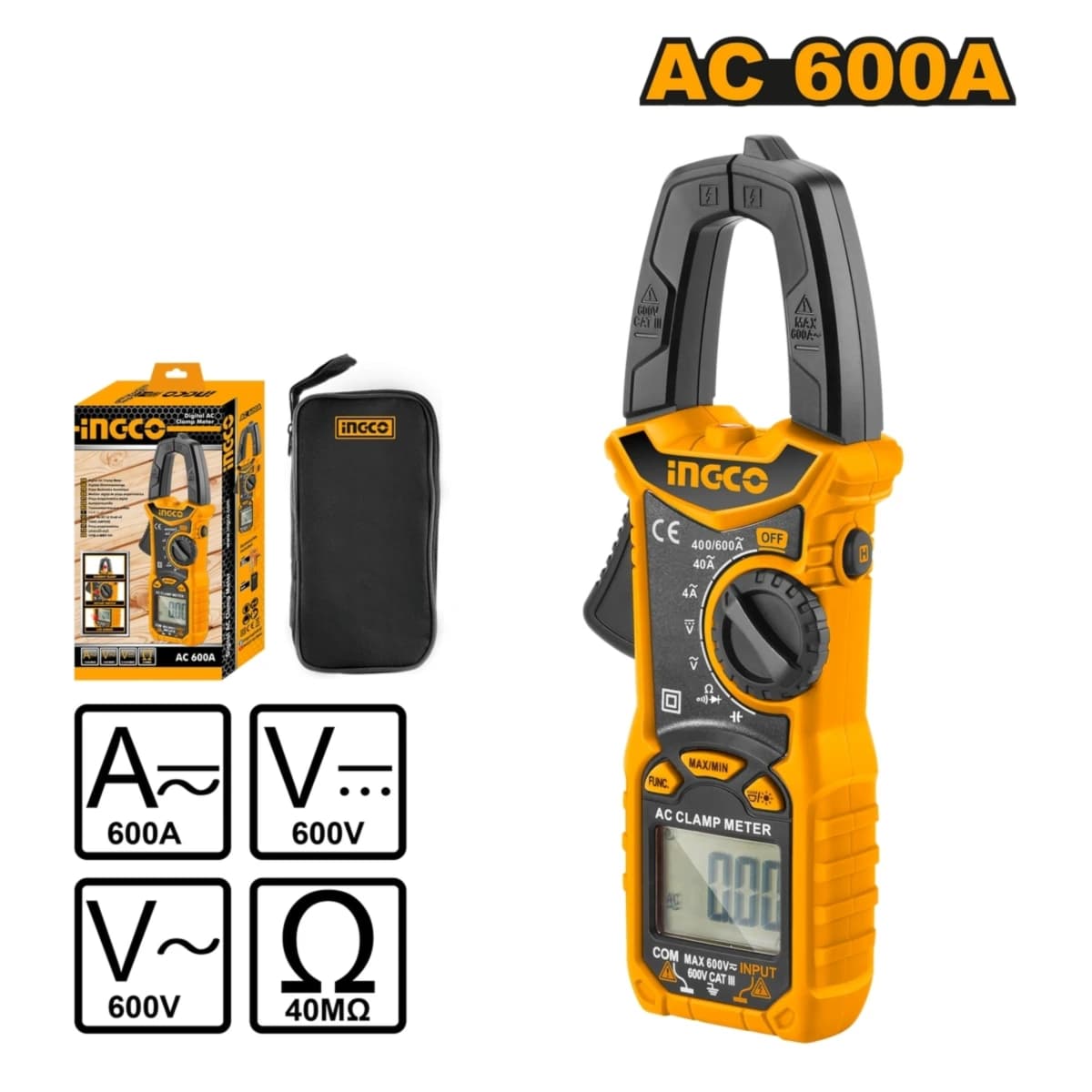 INGCO ดิจิตอลแคลมป์มิเตอร์ วัดกระแสไฟ AC 4A/40A/400A/600A รุ่น DCM6003 AC/DC Voltage 600V. หน้าจอแสดงผล 6000 หลัก หน้าจอ Backlight มีไฟ Flas