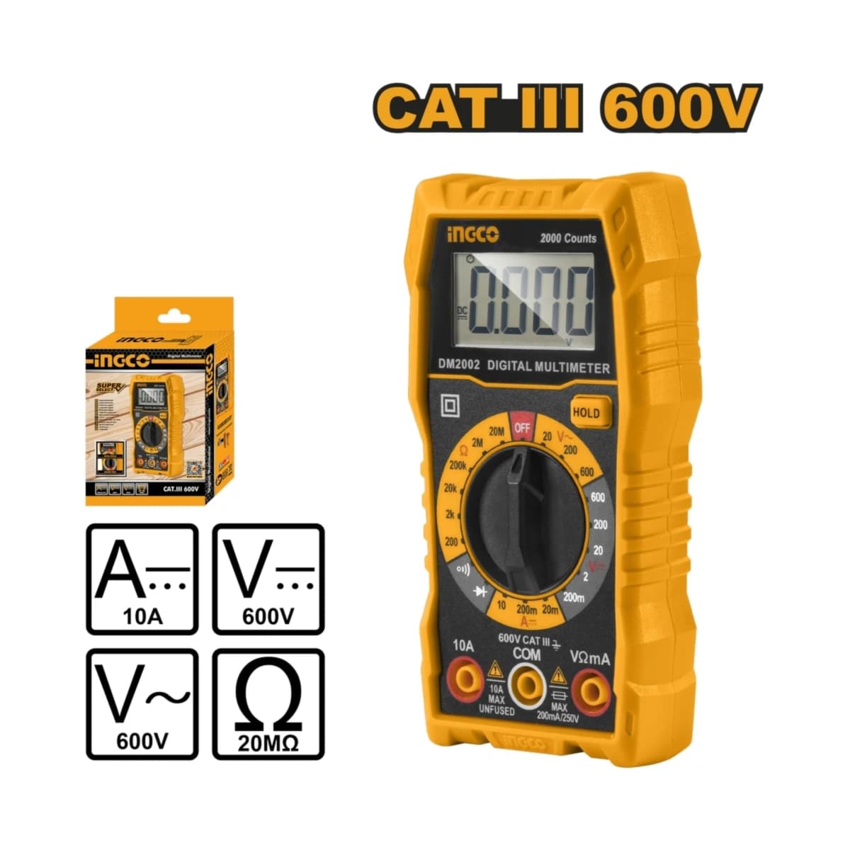 INGCO ดิจิตอลมัลติมิเตอร์ รุ่น DM2002 วัดแรงดันไฟฟ้า AC/DC 600V. กระแสไฟ DCA 10A. หน้าจอ LCD แสดงผล 2000 หลัก มีฟังก์ชั่นแจ้งเตือนเมื่อแบตเต