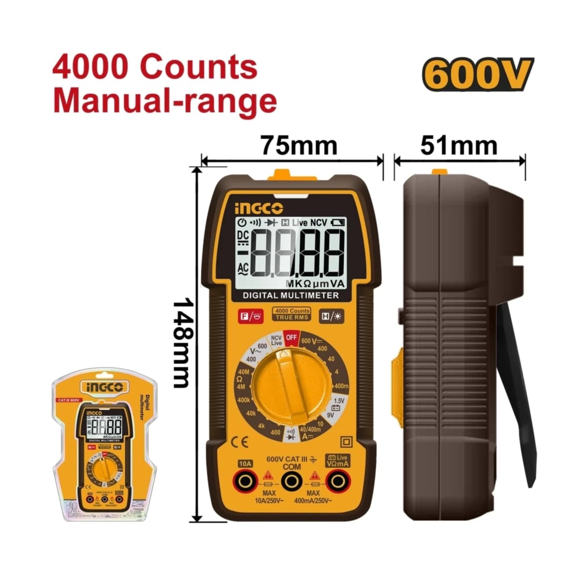 INGCO ดิจิตอลมัลติมิเตอร์ รุ่น DM36002 TRUR RMS 4000 หลัก วัดแรงดัน DC/AC 400mV/4V/40V/600V วัดกระแสไฟ DC 40mA/400mA/10A (อิงโก้)