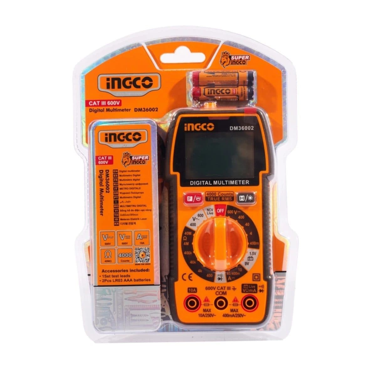 INGCO ดิจิตอลมัลติมิเตอร์ รุ่น DM36002 TRUR RMS 4000 หลัก วัดแรงดัน DC/AC 400mV/4V/40V/600V วัดกระแสไฟ DC 40mA/400mA/10A (อิงโก้)