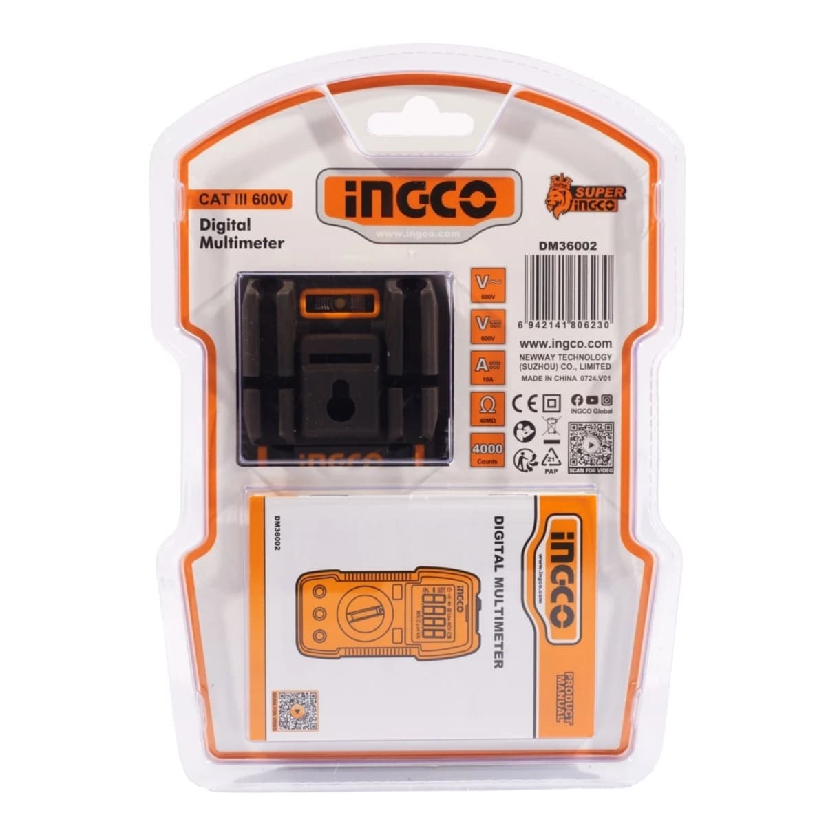 INGCO ดิจิตอลมัลติมิเตอร์ รุ่น DM36002 TRUR RMS 4000 หลัก วัดแรงดัน DC/AC 400mV/4V/40V/600V วัดกระแสไฟ DC 40mA/400mA/10A (อิงโก้)