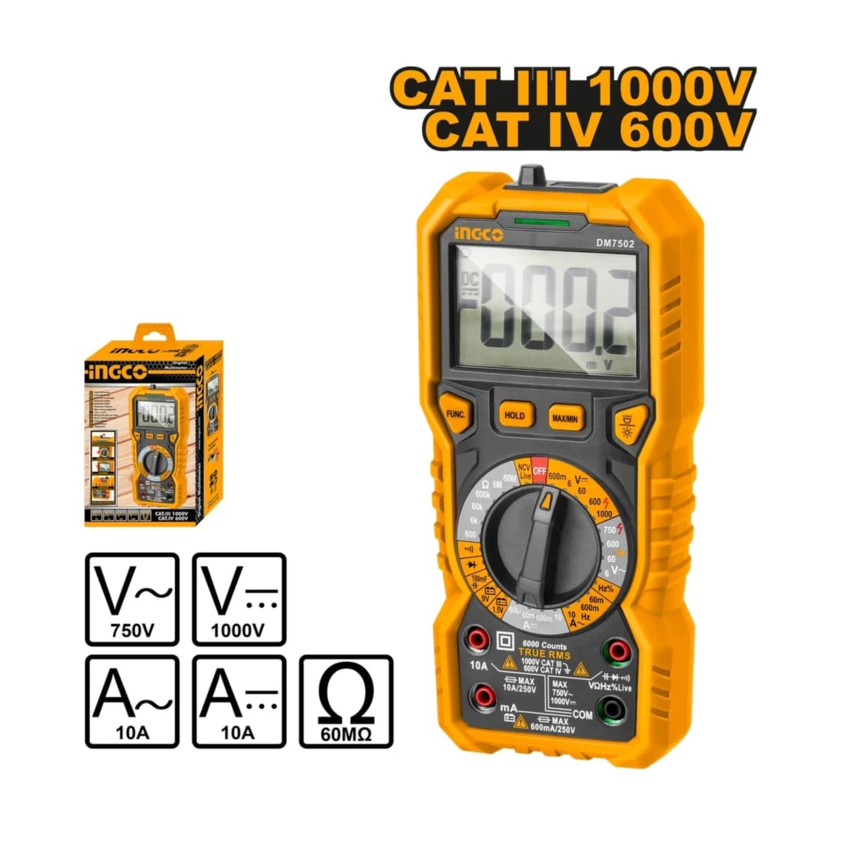 INGCO ดิจิตอลมัลติมิเตอร์ รุ่น DM7502 วัดแรงดันไฟฟ้า AC 750V./ DC 1000V. วัดกระแสไฟ AC/DC 10A. หน้าจอ LCD แสดงผล 6000หลัก วัดค่าแบบ True RMS