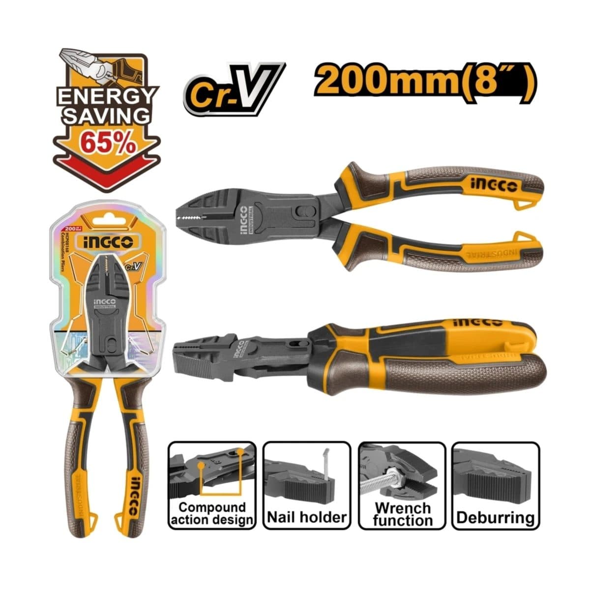INGCO คีมปากจิ้งจก 8 นิ้ว Compound Action รุ่น HCCP58200 รุ่นประหยัดแรงพิเศษ ถึง 65% ผลิตจากเหล็ก CR-V เคลือบเทฟลอน (อิงโก้)