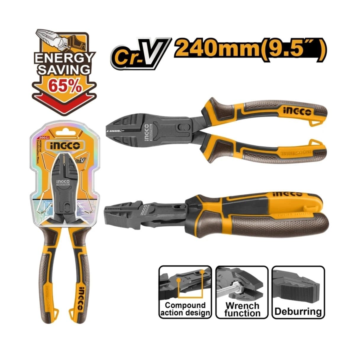 INGCO คีมปากจิ้งจก 9.5 นิ้ว Compound Action รุ่น HCCP58240 รุ่นประหยัดแรงพิเศษ ถึง 65% ผลิตจากเหล็ก Cr-V เคลือบเทฟลอน (อิงโก้)