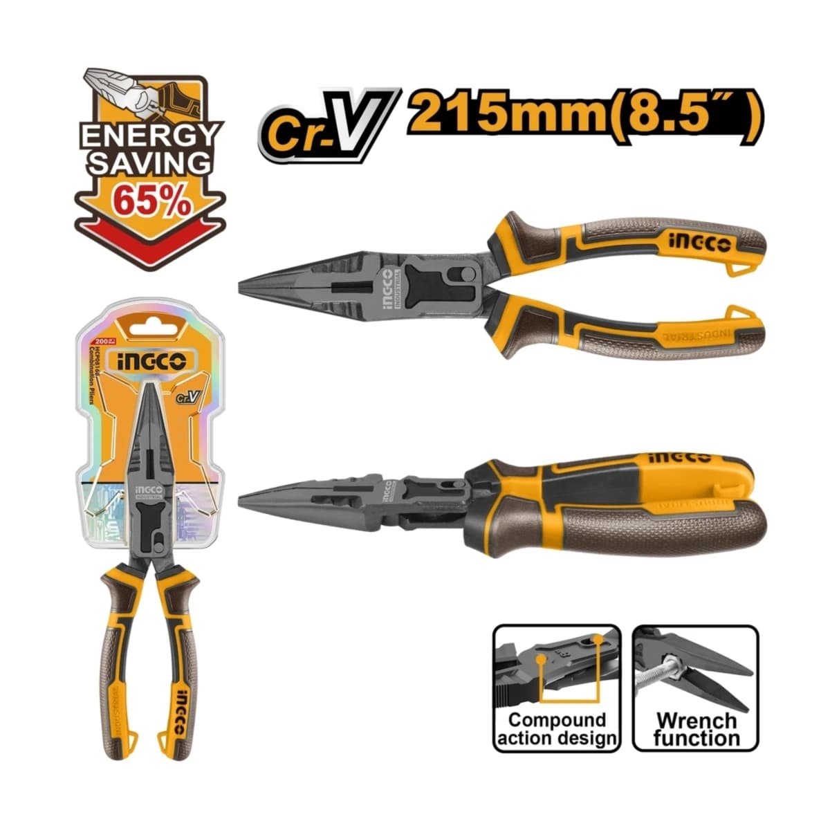INGCO คีมปากแหลม 8.5 นิ้ว Compound Action รุ่น HCLNP58200 รุ่นประหยัดแรงพิเศษ ถึง 65% ผลิตจากเหล็ก Cr-V เคลือบเทฟลอน (อิงโก้) (อิงโก้)
