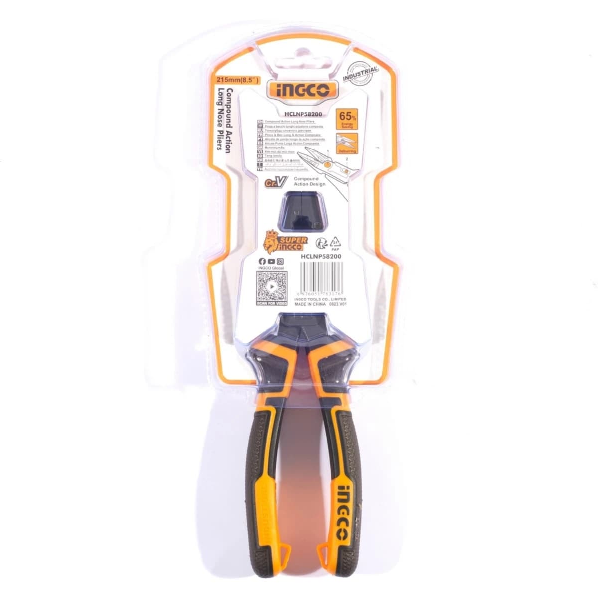 INGCO คีมปากแหลม 8.5 นิ้ว Compound Action รุ่น HCLNP58200 รุ่นประหยัดแรงพิเศษ ถึง 65% ผลิตจากเหล็ก Cr-V เคลือบเทฟลอน (อิงโก้) (อิงโก้)