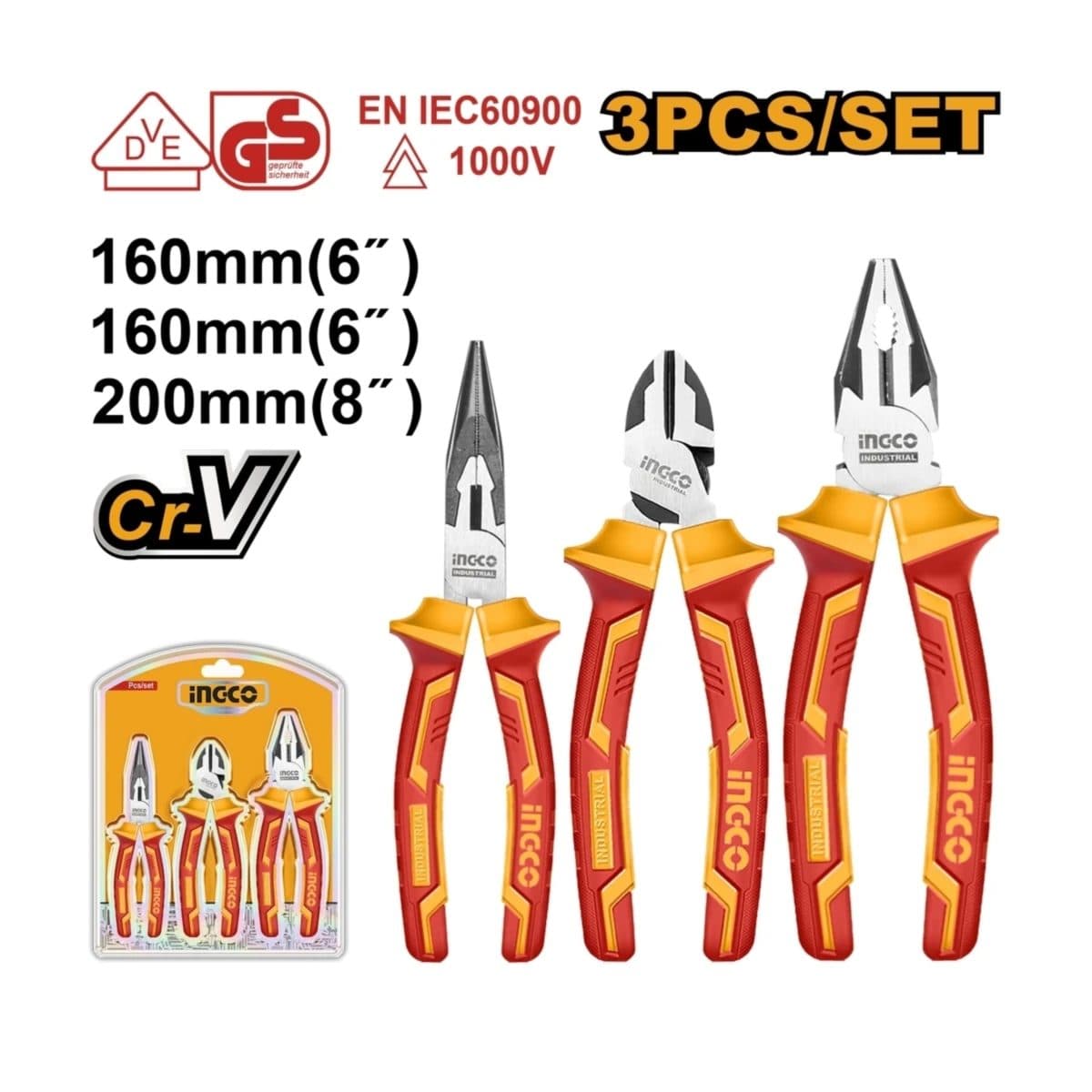 INGCO ชุดคีม VDE หุ้มฉนวนกันไฟฟ้า 3 ชิ้น รุ่น HIKPS28318 ผลิตจากเหล็ก Cr-V ป้องกันแรงดันไฟฟ้า 1000 โวลต์ (อิงโก้)