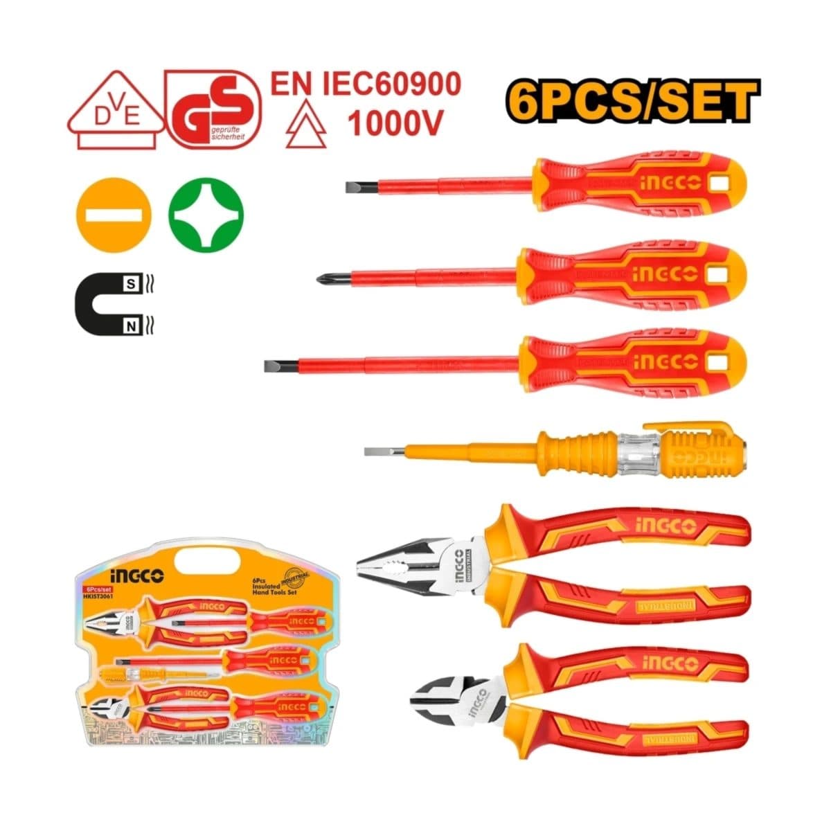 INGCO ชุดเครื่องมือ VDE หุ้มฉนวนกันไฟฟ้า 6 ชิ้น รุ่น HKIST3061 (อิงโก้)