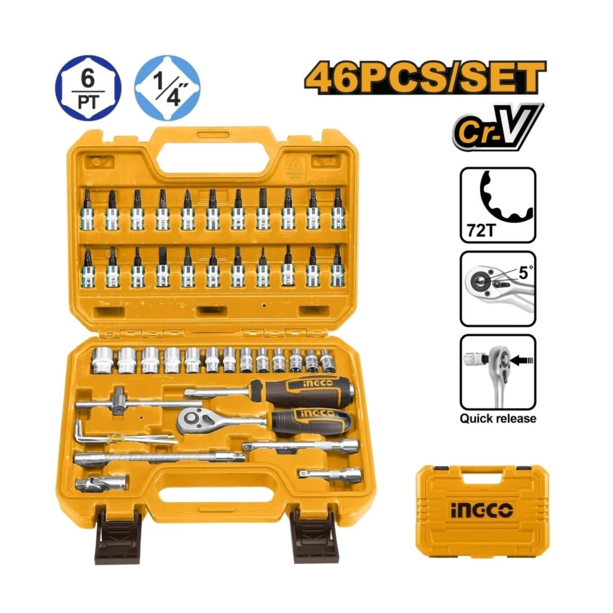 INGCO ชุดลูกบ๊อกซ์ 1/4 นิ้ว จำนวน 46 ชิ้น รุ่น HKTS14462 วัสดุเหล็กคุณภาพสูง ชุบโครเมี่ยม บรรจุกล่องพลาสติก BMC (อิงโก้)
