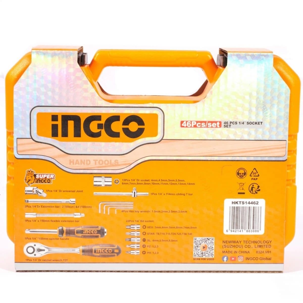 INGCO ชุดลูกบ๊อกซ์ 1/4 นิ้ว จำนวน 46 ชิ้น รุ่น HKTS14462 วัสดุเหล็กคุณภาพสูง ชุบโครเมี่ยม บรรจุกล่องพลาสติก BMC (อิงโก้)