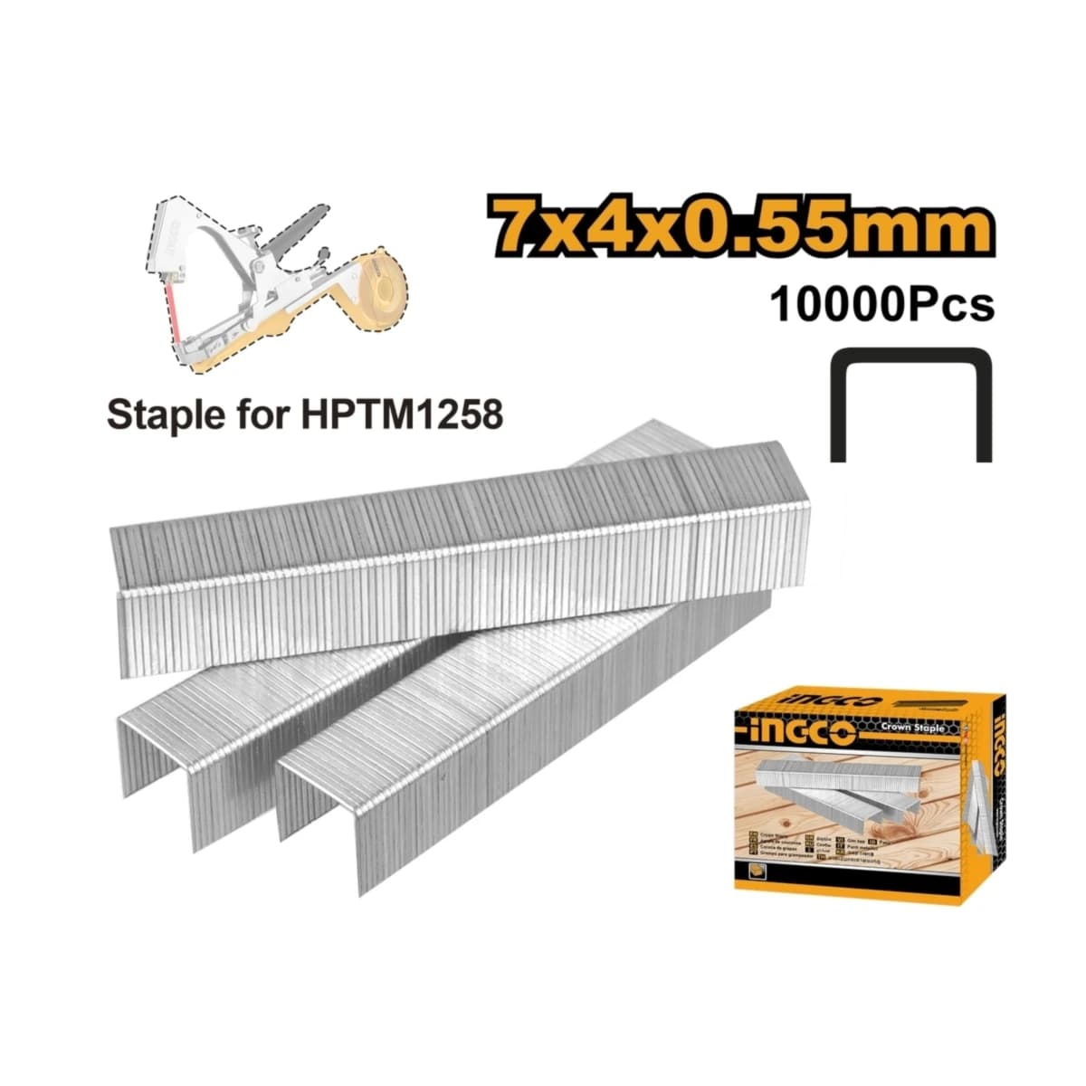 INGCO ลูกแม็กซ์ (10,000 ลูก/กล่อง) ลวดหนา 0.55 มม. กว้าง 7 มม. ยาว 4 มม. ใช้กับเครื่องรัดกิ่งไม้ รุ่น HPTM1258S (อิงโก้)