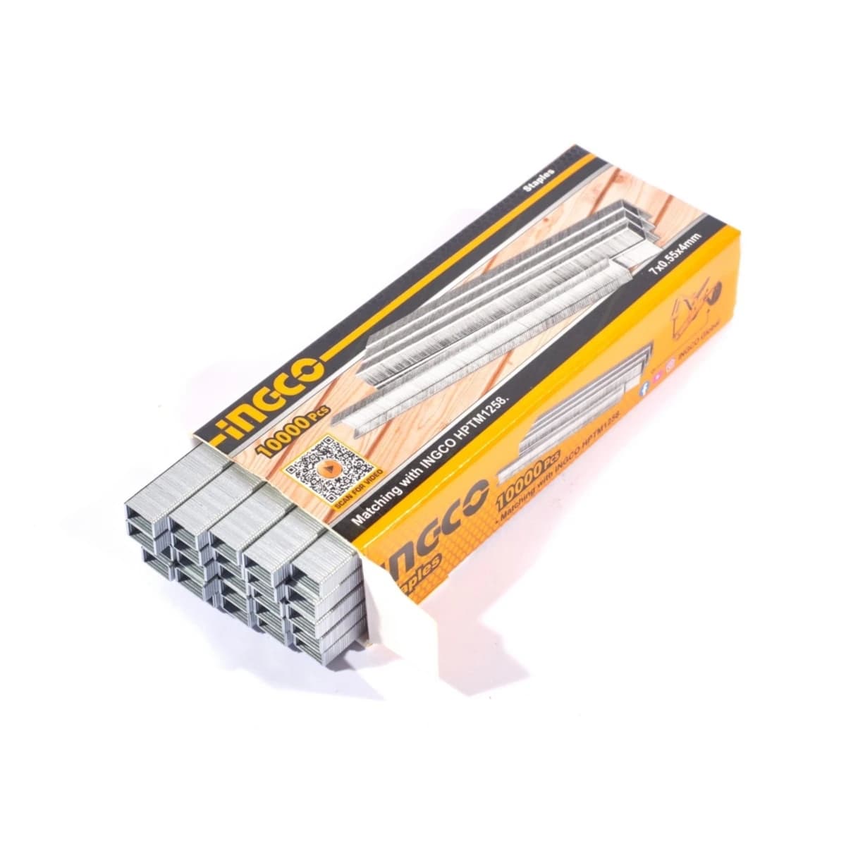 INGCO ลูกแม็กซ์ (10,000 ลูก/กล่อง) ลวดหนา 0.55 มม. กว้าง 7 มม. ยาว 4 มม. ใช้กับเครื่องรัดกิ่งไม้ รุ่น HPTM1258S (อิงโก้)