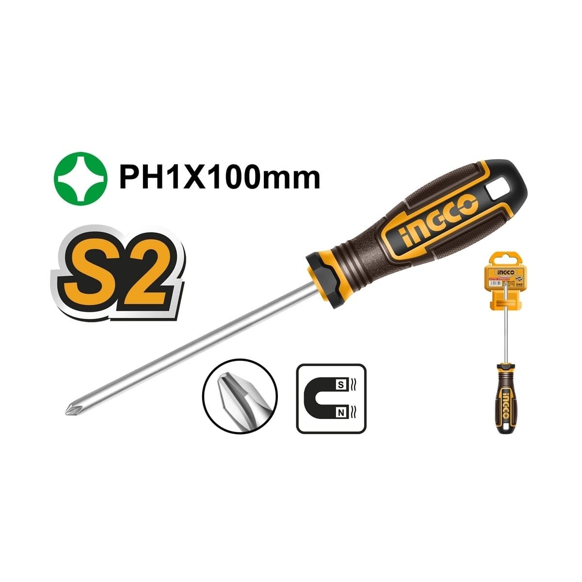 INGCO ไขควงปากแฉก PH1x100 รุ่น HSDPH1100 ก้านกลมมีแม่เหล็ก เส้นผ่านศูนย์กลางแกน 5.0 มม. วัสดุเหล็ก S2 (อิงโก้)