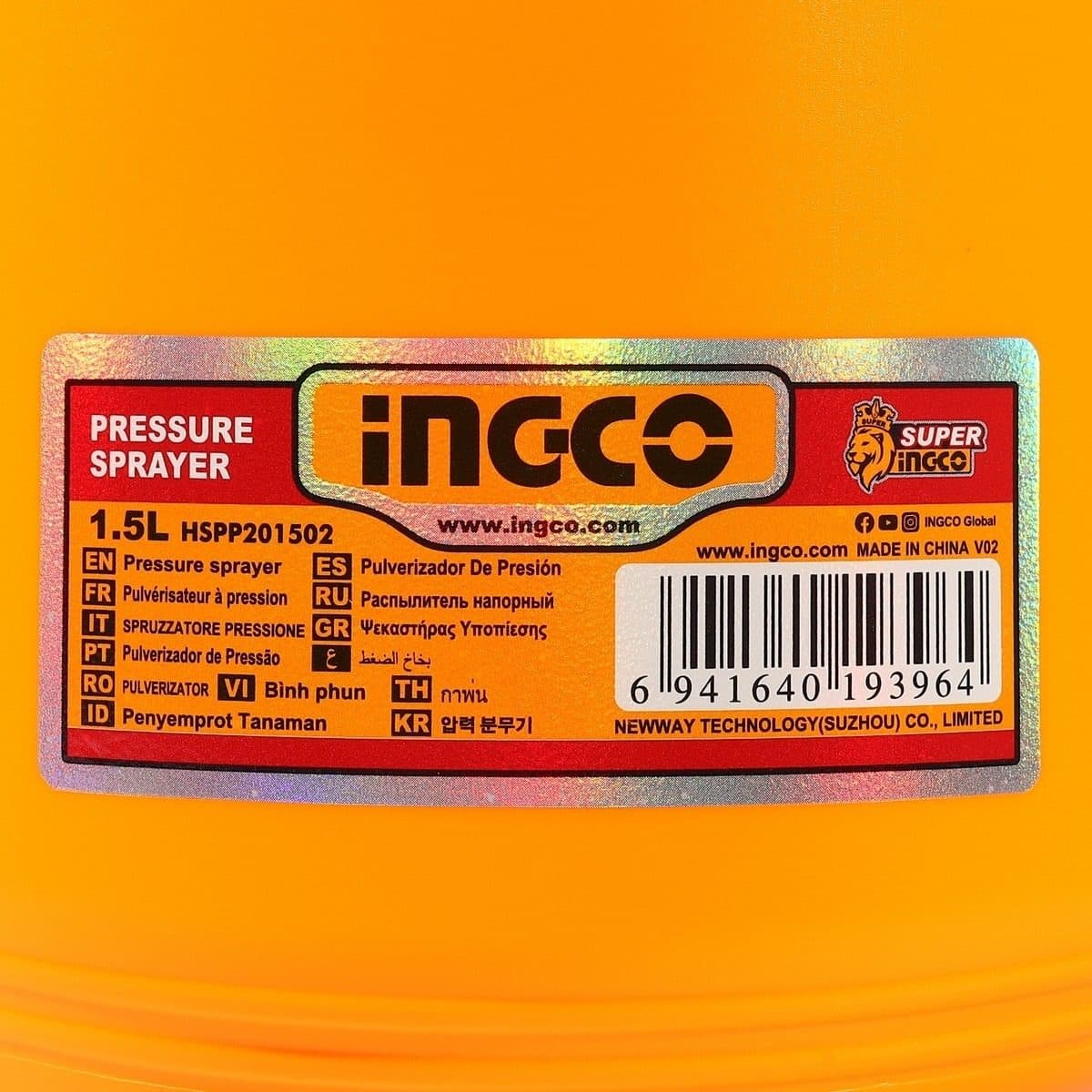 INGCO กระบอกฉีดน้ำ ขนาด 1.5 ลิตร รุ่น HSPP201502 ก้านสูบอะลูมิเนียม ปรับหัวฉีดได้ มีวาล์วปล่อยแรงดัน เหมาะสำหรับงานสวน รดน้ำต้นไม้ (อิงโก้)