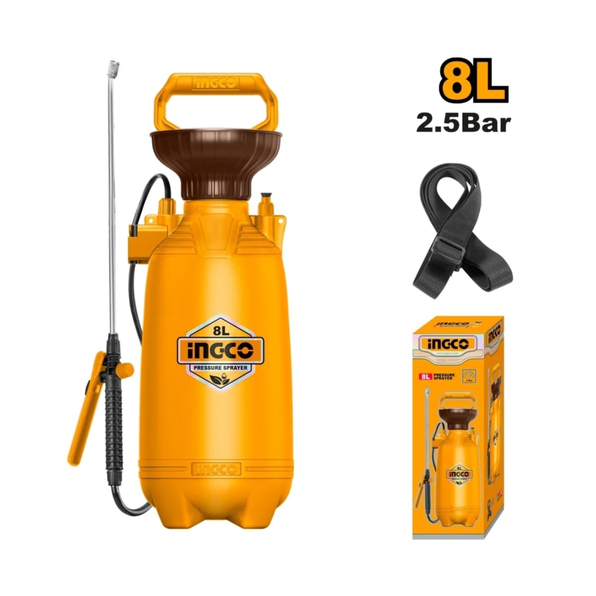 INGCO ถังพ่นยา ขนาด 8 ลิตร Model HSPP30802 สายยาว 1.2 เมตร มีวาล์วปล่อยแรงดัน พร้อมสายสะพายสำหรับพกพา (อิงโก้)
