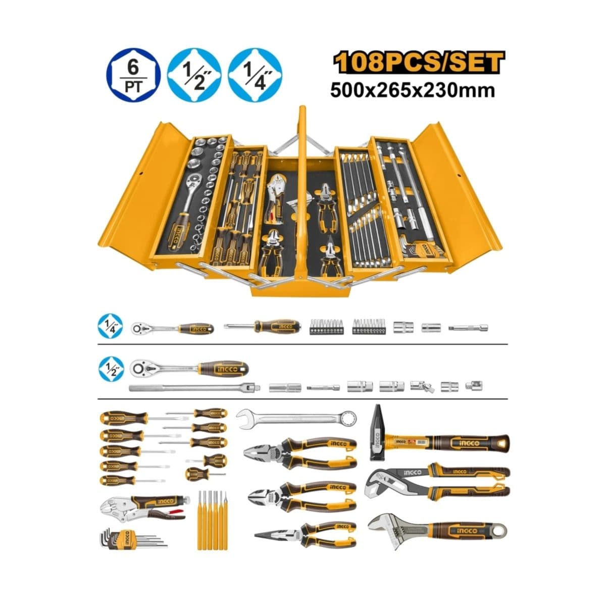 INGCO ชุดเครื่องมือช่าง 108 ชิ้น รุ่น HTCS151081 พร้อมลูกบ๊อกซ์ทั้งขนาด 1/4 นิ้ว และ 1/2 นิ้ว (อิงโก้)