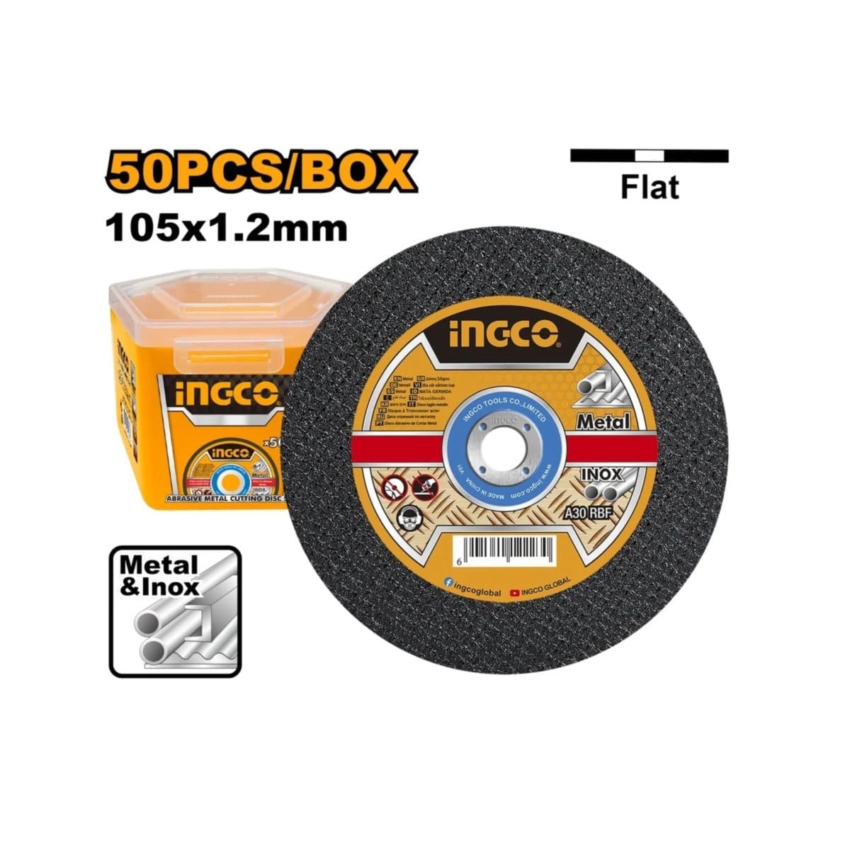 INGCO ใบตัดเหล็ก ขนาด 105 มม. (4 นิ้ว) รุ่น MCD1210550 ความหนา 1.2 มม. รูกลาง 16 มม. เหมาะสำหรับตัดเหล็กและสเตนเลส บรรจุ 50 ใบ/ชุด (อิงโก้)