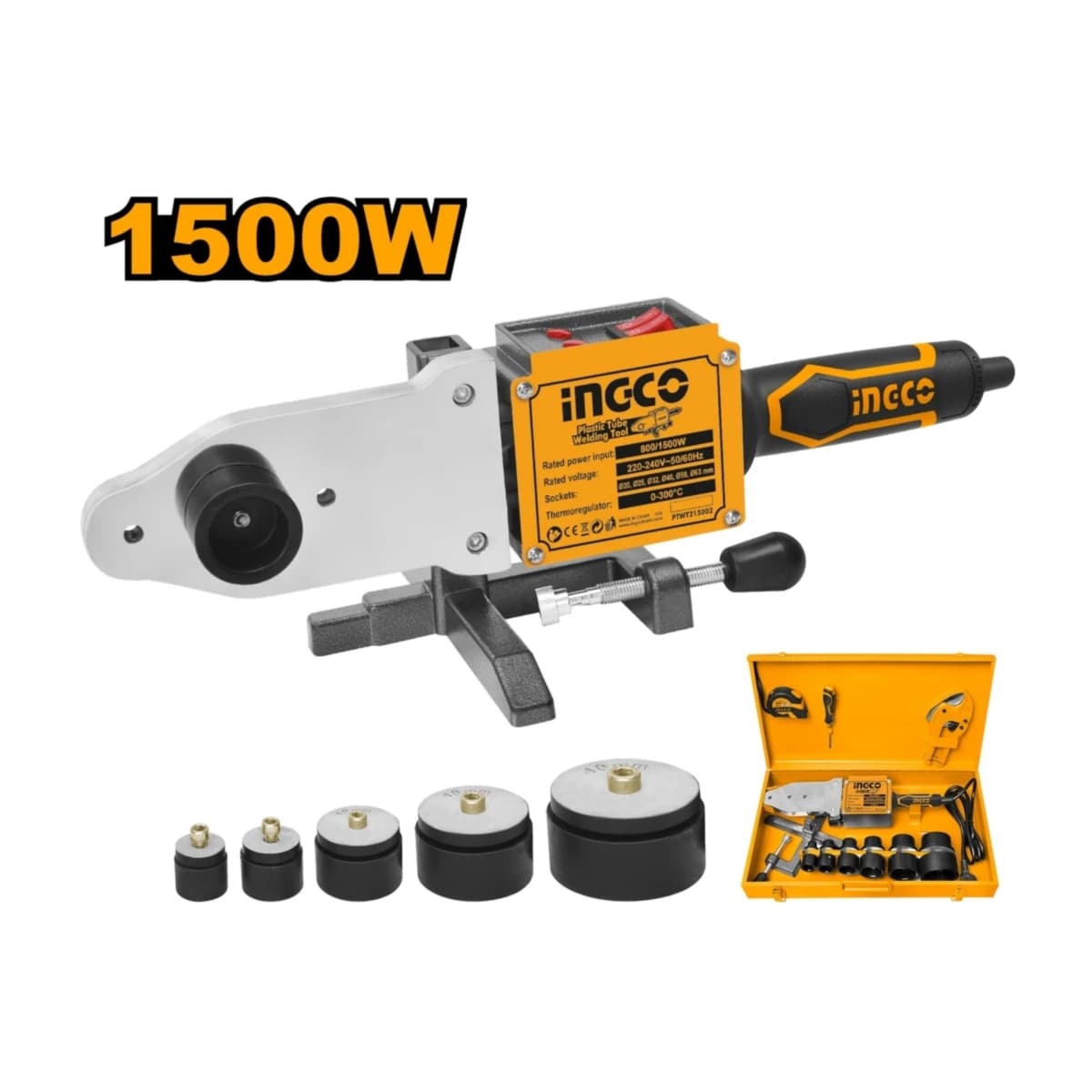 INGCO เครื่องเชื่อมท่อ 20-63 มม. รุ่น PTWT215002 กำลังไฟ 800 วัตต์/1500วัตต์ สำหรับท่อชนิด PP-R,PB,PE,PE-RT (อิงโก้)