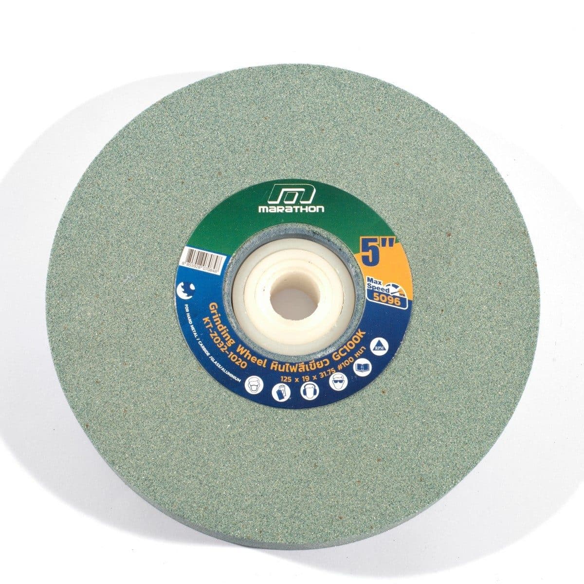 MARATHON หินไฟ สีเขียว 5 นิ้ว เบอร์ 100 หนา 3/4 นิ้ว ใช้สำหรับเจียคาร์ไบด์ ใช้กับเครื่องมอเตอร์หินไฟ (มาราธอน)