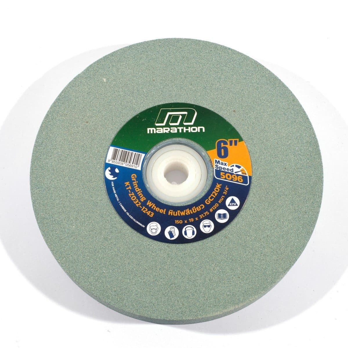 MARATHON หินไฟ สีเขียว 6 นิ้ว เบอร์ 120 หนา 3/4 นิ้ว ใช้สำหรับเจียคาร์ไบด์ ใช้กับเครื่องมอเตอร์หินไฟ (มาราธอน)