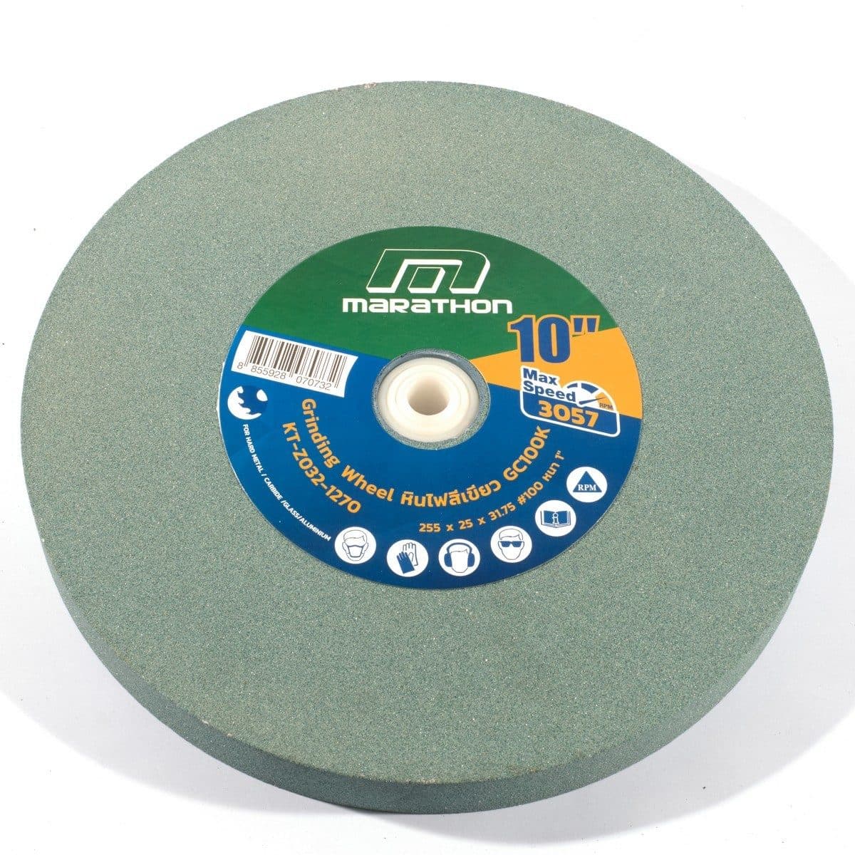 MARATHON หินไฟ สีเขียว 10 นิ้ว เบอร์ 100 หนา 1 นิ้ว ใช้สำหรับเจียคาร์ไบด์ ใช้กับเครื่องมอเตอร์หินไฟ (มาราธอน)