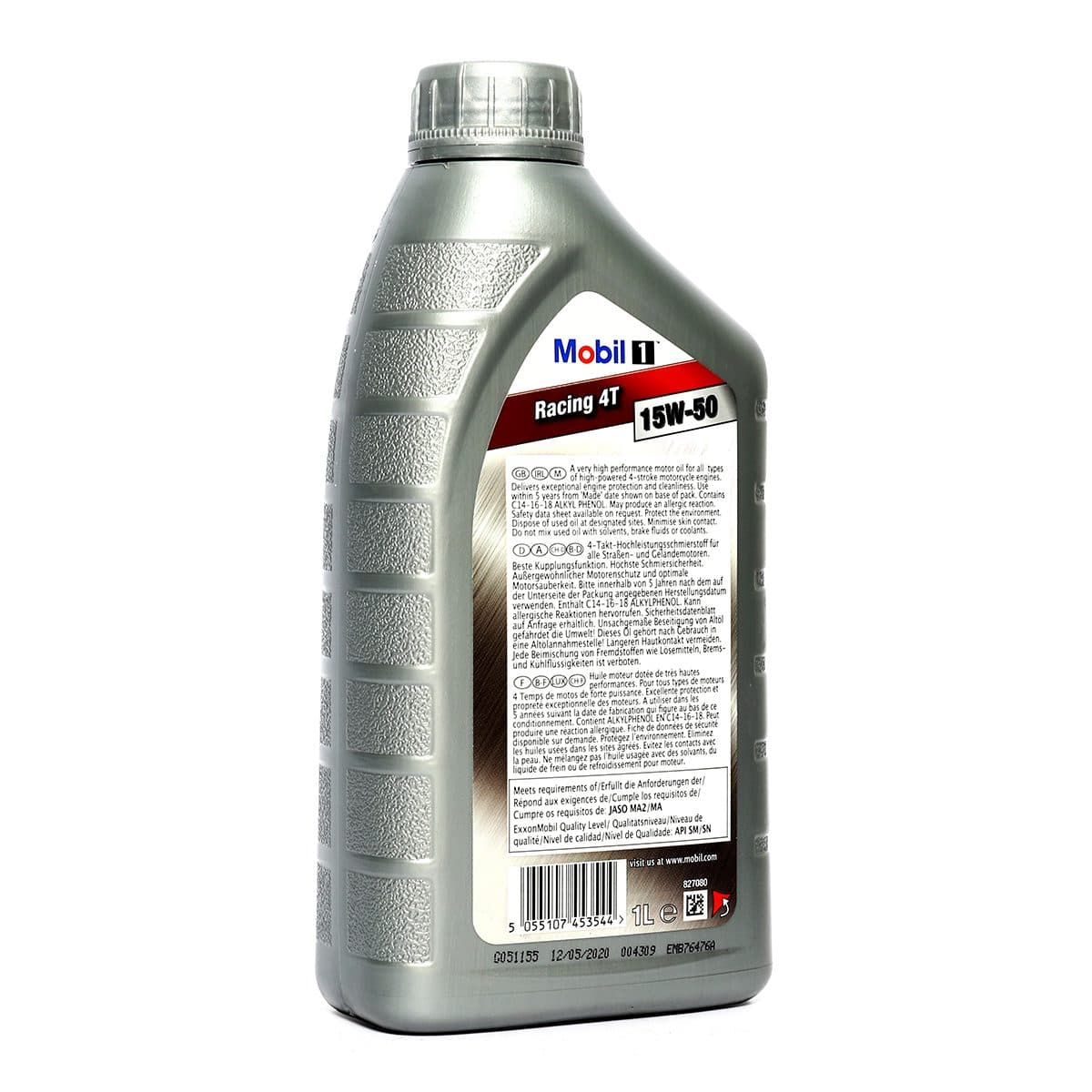 น้ำมันหล่อลื่นเครื่องยนต์เบนซินสำหรับรถมอเตอร์ไซค์สังเคราะห์แท้ 100% โมบิล1 (MOBIL1) รุ่น เรสซิ่ง โฟร์ที 10W-40 ความหนืด SAE 15W-50 ขนาดบรรจ