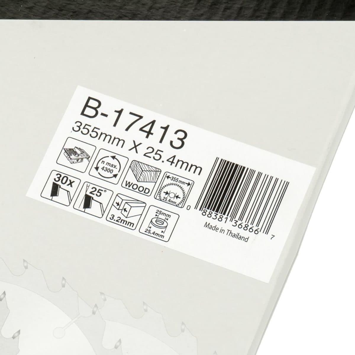 MAKITA ใบเลื่อยวงเดือนคาร์ไบด์สำหรับตัดไม้ 14 นิ้ว 30 ฟัน  รุ่น B-17413 เส้นผ่านศูนย์กลาง 355 มม. หนา 3.2 มม. (มากีต้า)