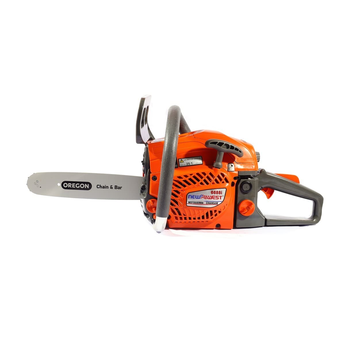 NEW WEST เลื่อยยนต์ เบนซิน 2 จังหวะ 11.5 นิ้ว รุ่น 6688i ความจุกระบอกสูบ 45.2 มม. ความจุถังน้ำมัน 520 มล. ความเร็วสูงสุด 13,000 รอบ/นาที เหม