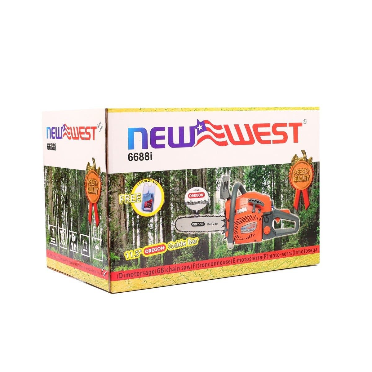 NEW WEST เลื่อยยนต์ เบนซิน 2 จังหวะ 11.5 นิ้ว รุ่น 6688i ความจุกระบอกสูบ 45.2 มม. ความจุถังน้ำมัน 520 มล. ความเร็วสูงสุด 13,000 รอบ/นาที เหม