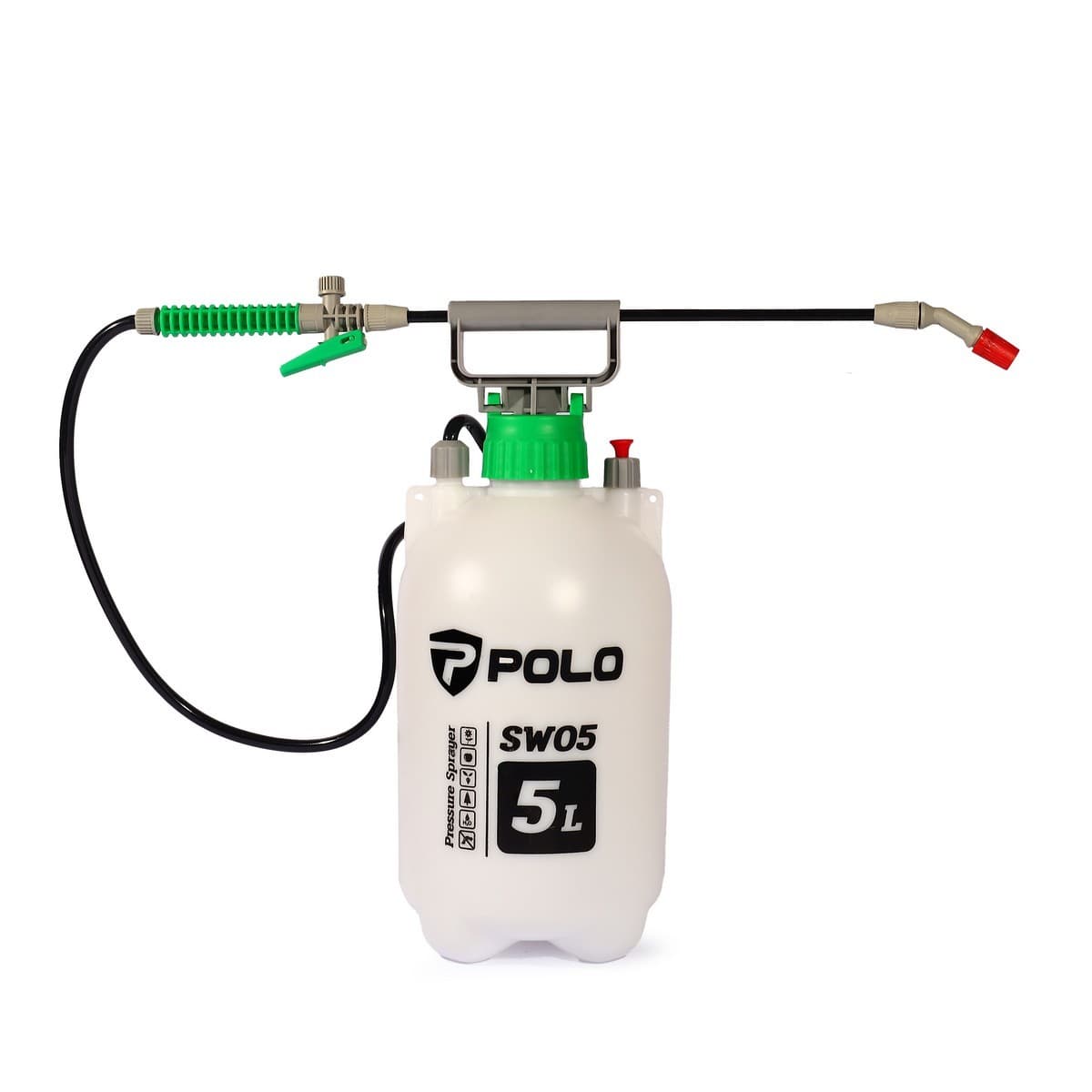 POLO เครื่องพ่นยา มือโยก 5 ลิตร รุ่น SW05 ระยะในการพ่น 6 เมตร แรงดัน 2-3 บาร์ เหมาะสำหรับพ่นของเหลว เช่น ยากำจัดศัตรูพืช น้ำยาฆ่าเชื้อโรค หร