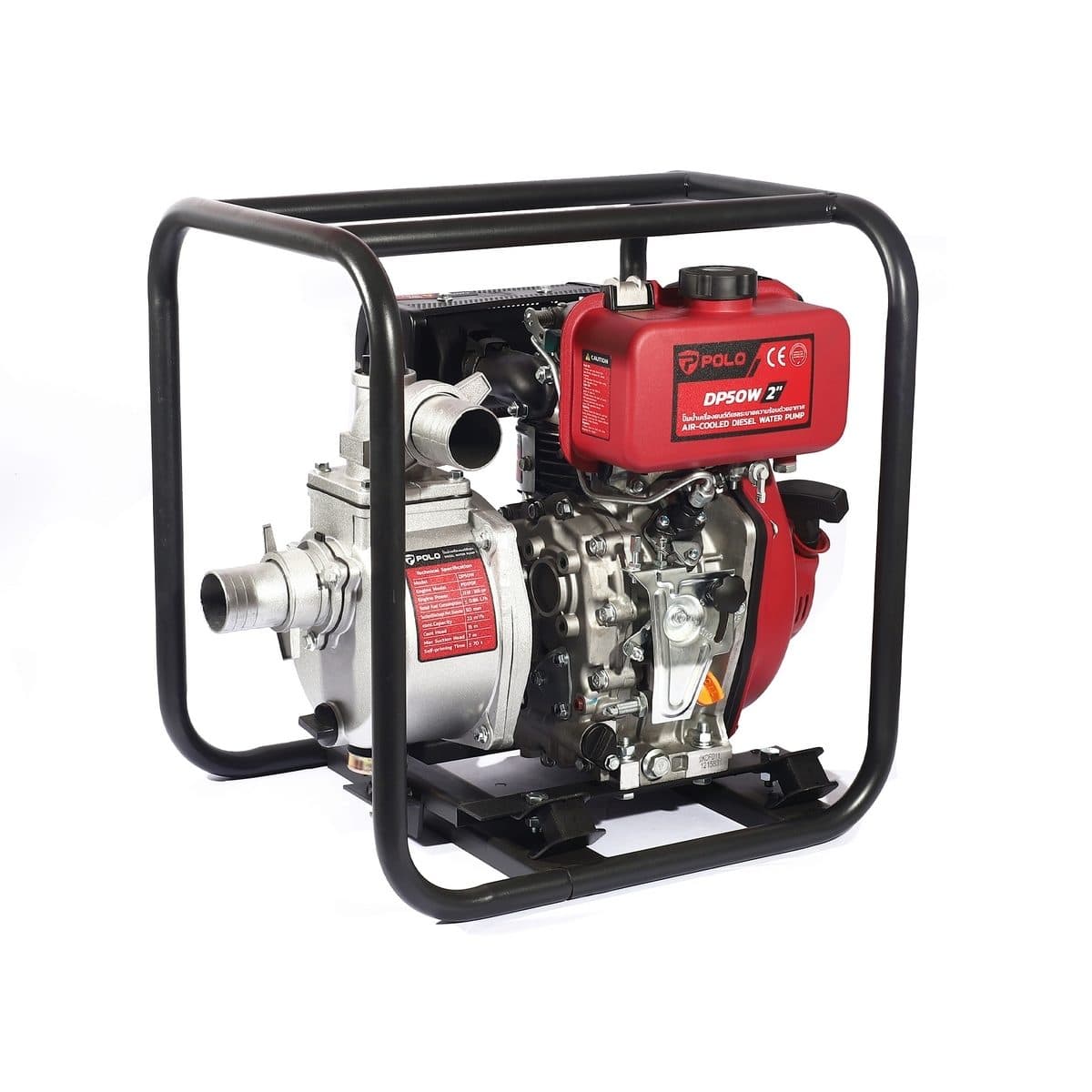 POLO ปั๊มน้ำเครื่องยนต์ดีเซล กำลังเครื่องยนต์ 3.8 แรงม้า ส่งสูง 15 ม. ดูดลึก 7 ม. รุ่น DP50W ขนาดท่อดูด X ท่อส่ง 2 นิ้ว ถังน้ำมัน 2.5 ลิตร ร