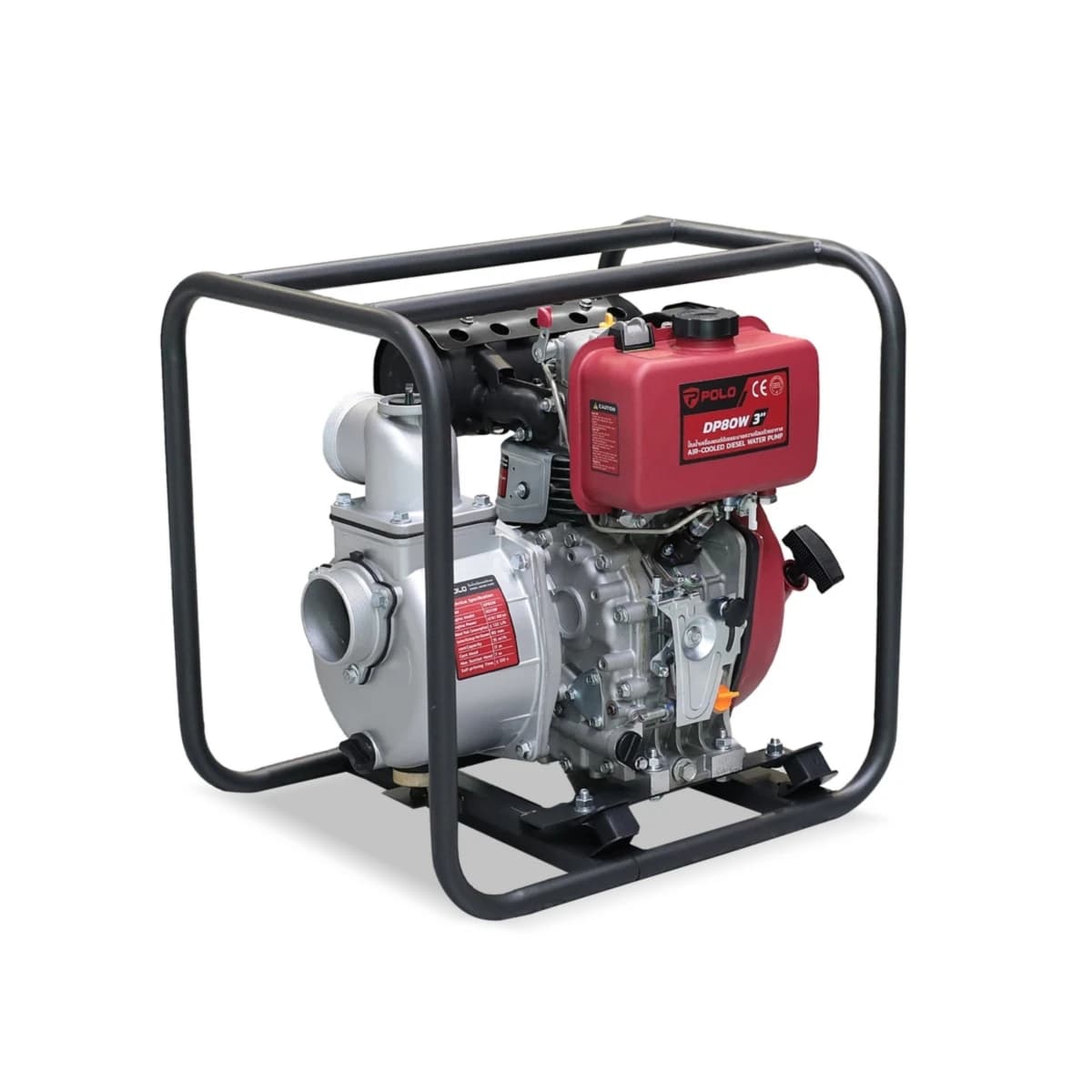 POLO ปั๊มน้ำเครื่องยนต์ดีเซล กำลังเครื่องยนต์ 5.4 แรงม้า ส่งสูง 17 ม. ดูดลึก 7 ม. รุ่น DP80W ขนาดท่อดูด X ท่อส่ง 3 นิ้ว ถังน้ำมัน 3.5 ลิตร ร