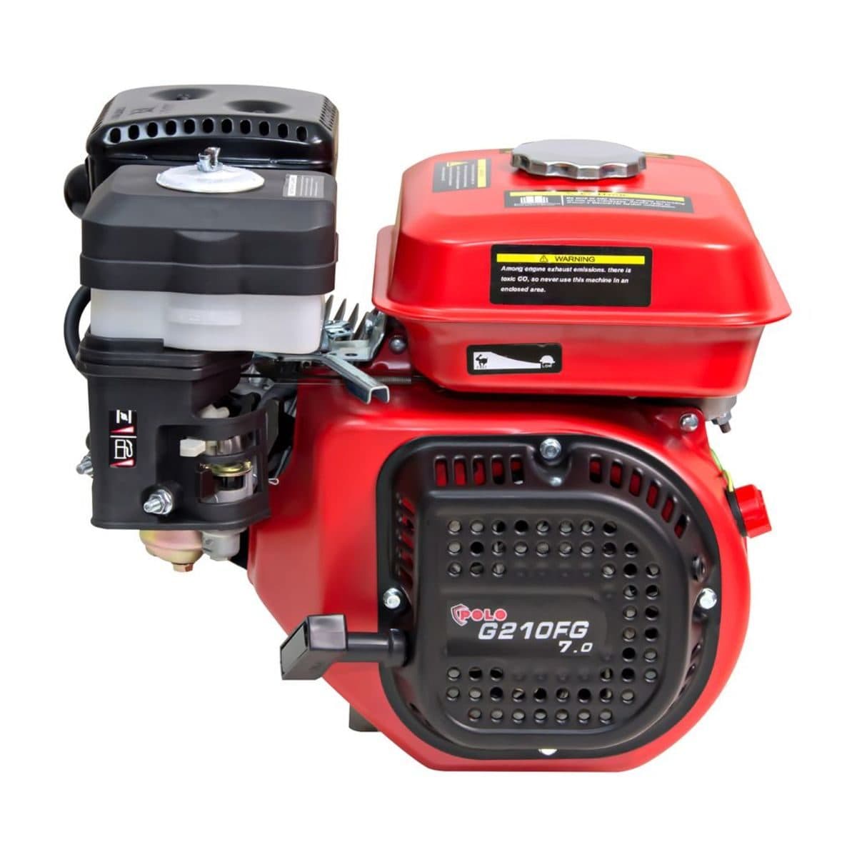POLO เครื่องยนต์ เบนซิน 4 จังหวะ กำลังเครื่องยนต์ 7.0 แรงม้า รุ่น G210FG ความจุกระบอกสูบ 208 ซีซี ถังน้ำมัน 3.6 ลิตร สตาร์ทมือ อัตราทดรอบ 1 