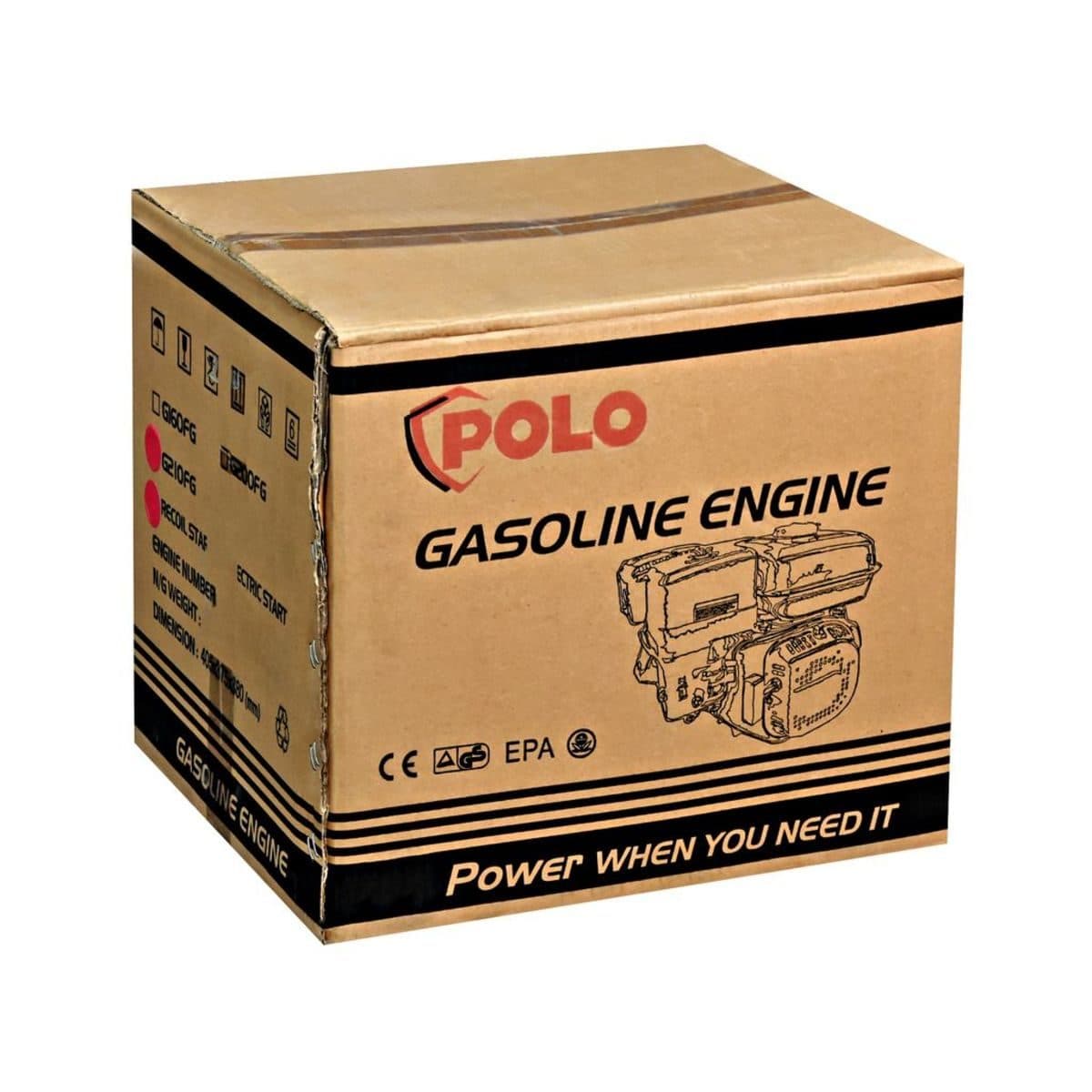 POLO เครื่องยนต์ เบนซิน 4 จังหวะ กำลังเครื่องยนต์ 7.0 แรงม้า รุ่น G210FG ความจุกระบอกสูบ 208 ซีซี ถังน้ำมัน 3.6 ลิตร สตาร์ทมือ อัตราทดรอบ 1 