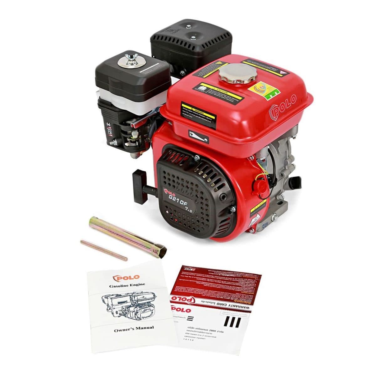 POLO เครื่องยนต์ เบนซิน 4 จังหวะ กำลังเครื่องยนต์ 7.0 แรงม้า รุ่น G210F ความจุกระบอกสูบ 208 ซีซี ถังน้ำมัน 3.6 ลิตร สตาร์ทมือ (โปโล)