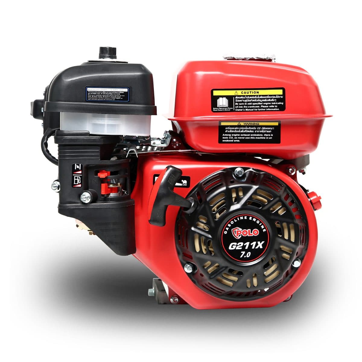 POLO เครื่องยนต์ เบนซิน 4 จังหวะ กำลังเครื่องยนต์ 7.0 แรงม้า รุ่น G211X ความจุกระบอกสูบ 208 ซีซี ถังน้ำมัน 3.6 ลิตร สตาร์ทมือ (โปโล)