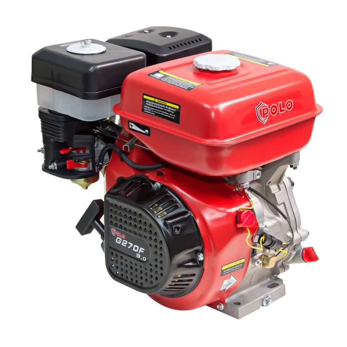 POLO เครื่องยนต์ เบนซิน 4 จังหวะ กำลังเครื่องยนต์ 9.0 แรงม้า รุ่น G270F ความจุกระบอกสูบ 270 ซีซี ถังน้ำมัน 6 ลิตร สตาร์ทมือ (โปโล)
