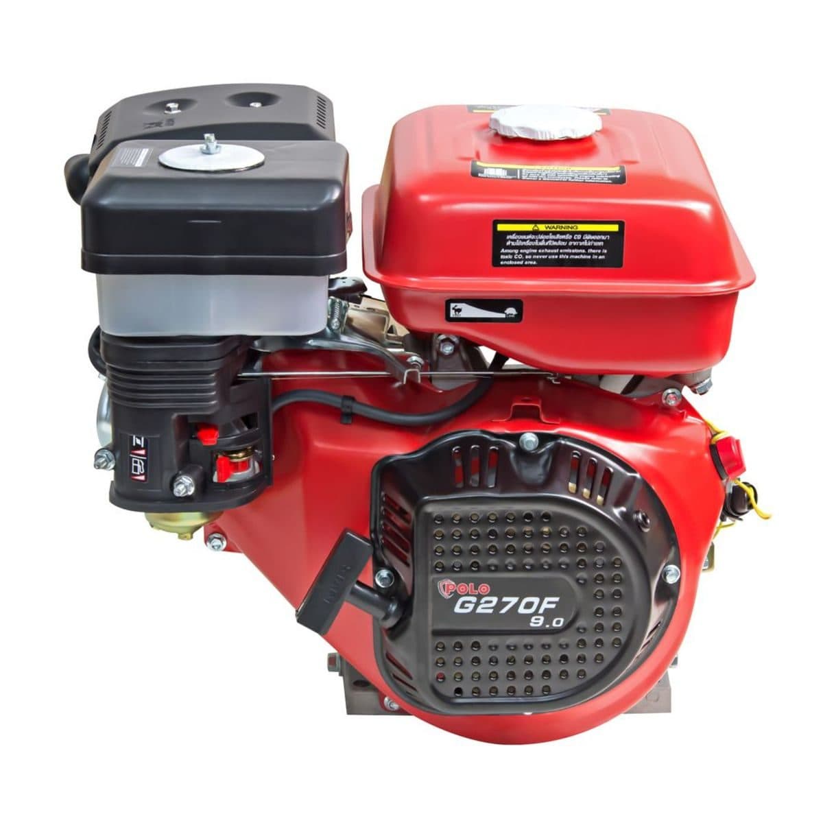 POLO เครื่องยนต์ เบนซิน 4 จังหวะ กำลังเครื่องยนต์ 9.0 แรงม้า รุ่น G270F ความจุกระบอกสูบ 270 ซีซี ถังน้ำมัน 6 ลิตร สตาร์ทมือ (โปโล)