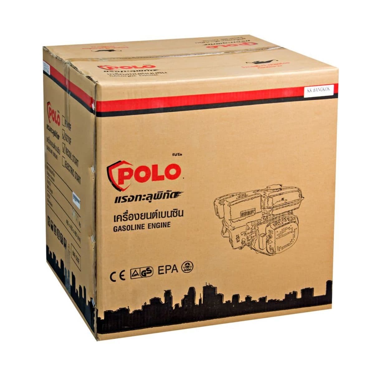 POLO เครื่องยนต์ เบนซิน 4 จังหวะ กำลังเครื่องยนต์ 9.0 แรงม้า รุ่น G270F ความจุกระบอกสูบ 270 ซีซี ถังน้ำมัน 6 ลิตร สตาร์ทมือ (โปโล)