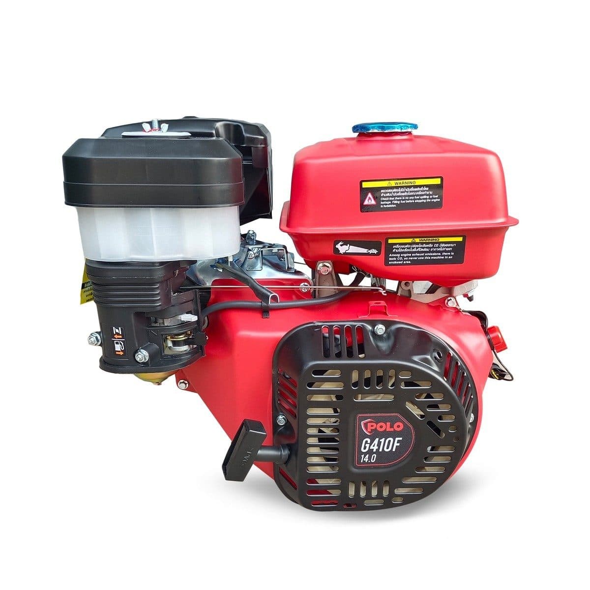 POLO เครื่องยนต์ เบนซิน 4 จังหวะ กำลังเครื่องยนต์ 14.0 แรงม้า รุ่น G410F ความจุกระบอกสูบ 420 ซีซี ถังน้ำมัน 6.5 ลิตร สตาร์ทมือ (โปโล)