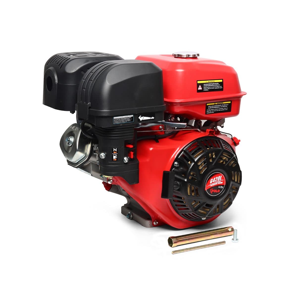 POLO เครื่องยนต์ เบนซิน 4 จังหวะ กำลังเครื่องยนต์ 14.0 แรงม้า รุ่น G420L สำหรับเรือหางยาว ความจุกระบอกสูบ 420 ซีซี ถังน้ำมัน 6.5 ลิตร สตาร์ท